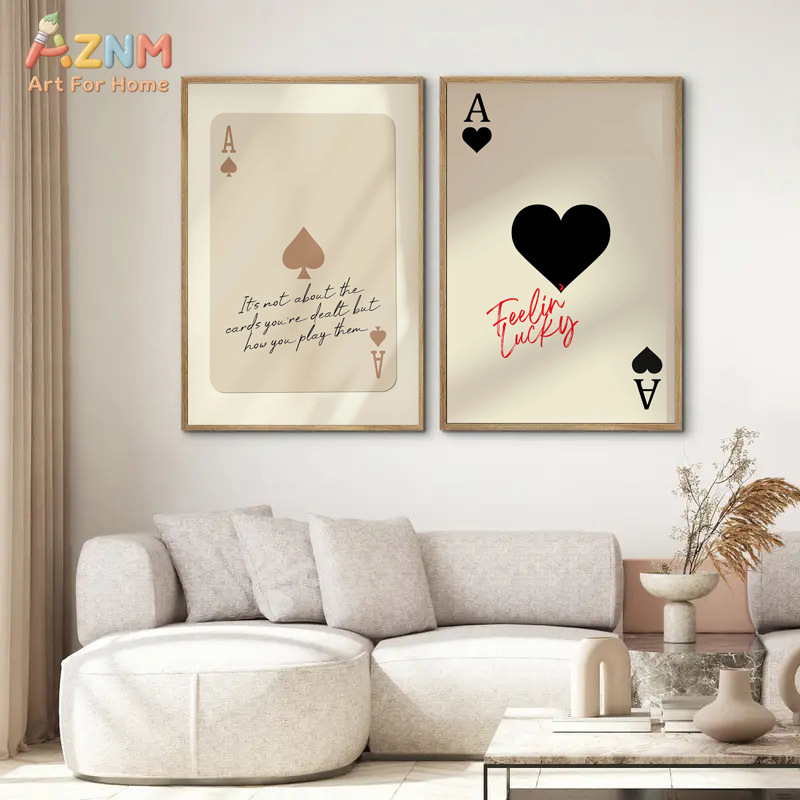 Retro Poster Gaming - AZNM スペードのエース フィーリング・ラッキー キャンバスウォールアート、レトロなトランプの引用プリントポスター、フレームなしのミニマリストポーカーゲームルームイラスト