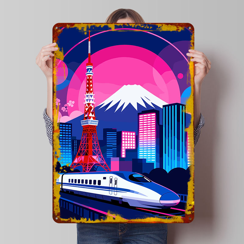 Retro Gaming Tokyo - 東京の街並みと新幹線のポスター、カスタマイズされたウォールアート、ヴィンテージメタルサイン、レトロなブリキの飾り板、男性用の洞窟装飾、ゲーム用