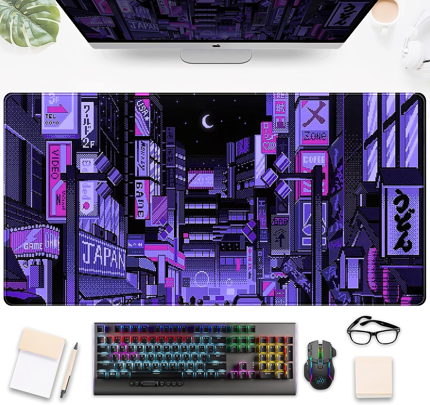 Retro Gaming Tokyo - 東京ストリート パープル ネオン ピクセル マウスパッド –