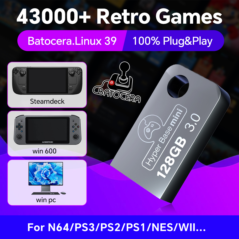 Retro Gaming N64 - Batocera-Windows 43000用のUSBフラッシュドライブ,レトロなゲームコンソールps3,ps2,ps1,n64,wii,pc,128 gb用のスティック