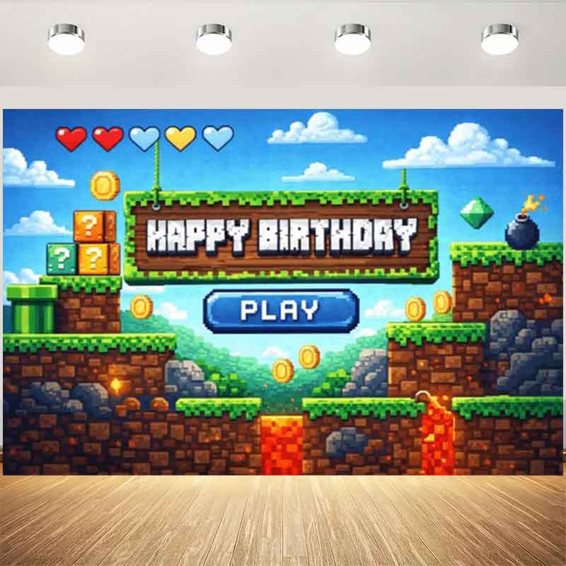 ピクセルビデオゲームの誕生日背景、レトロゲーム、コイン、ブロ - Background Retro Gaming のレビューと価格