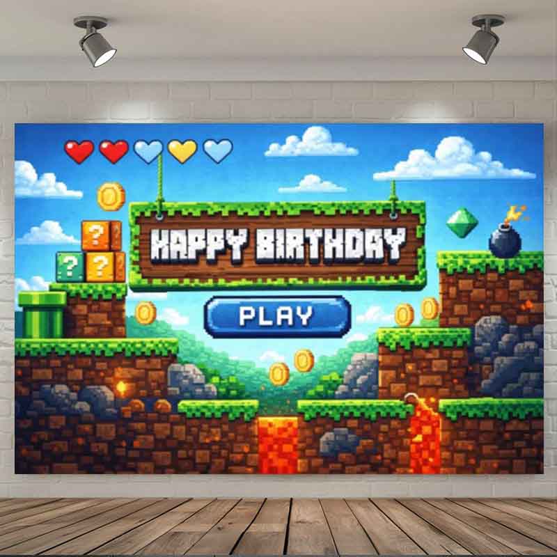 ピクセルビデオゲームの誕生日背景、レトロゲーム、コイン、ブロ - Background Retro Gaming のレビューと価格