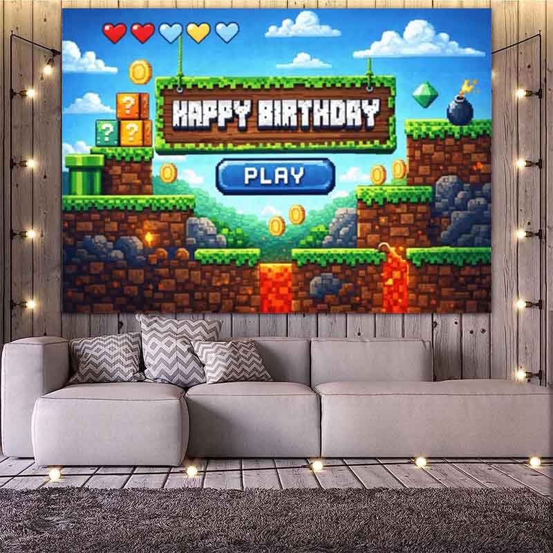 ピクセルビデオゲームの誕生日背景、レトロゲーム、コイン、ブロ - Background Retro Gaming のレビューと価格