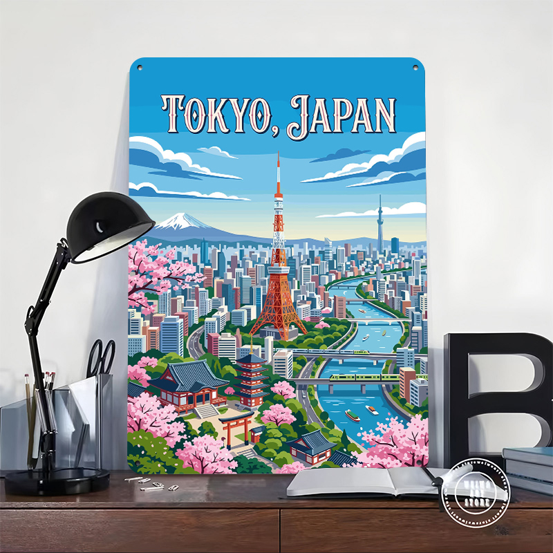桜の咲く東京の街並みブリキポスターカスタマイズされたウォール - Retro Gaming Tokyo のレビューと価格