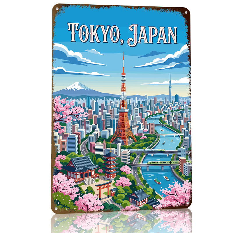 桜の咲く東京の街並みブリキポスターカスタマイズされたウォール - Retro Gaming Tokyo のレビューと価格