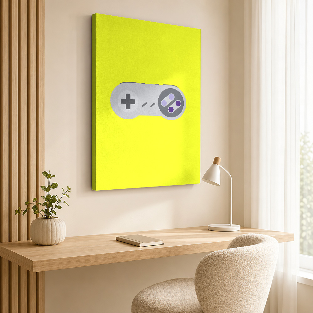 黄色の背景にレトロゲームコントローラーを描いたキャンバスプリ - Background Retro Gaming のレビューと価格