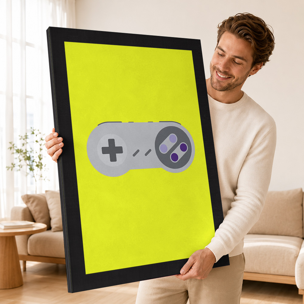 黄色の背景にレトロゲームコントローラーを描いたキャンバスプリ - Background Retro Gaming のレビューと価格