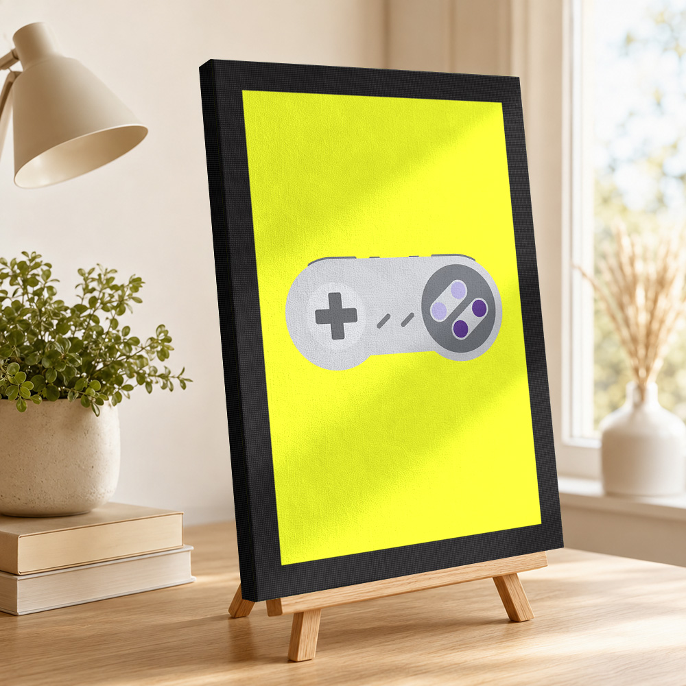 黄色の背景にレトロゲームコントローラーを描いたキャンバスプリ - Background Retro Gaming のレビューと価格
